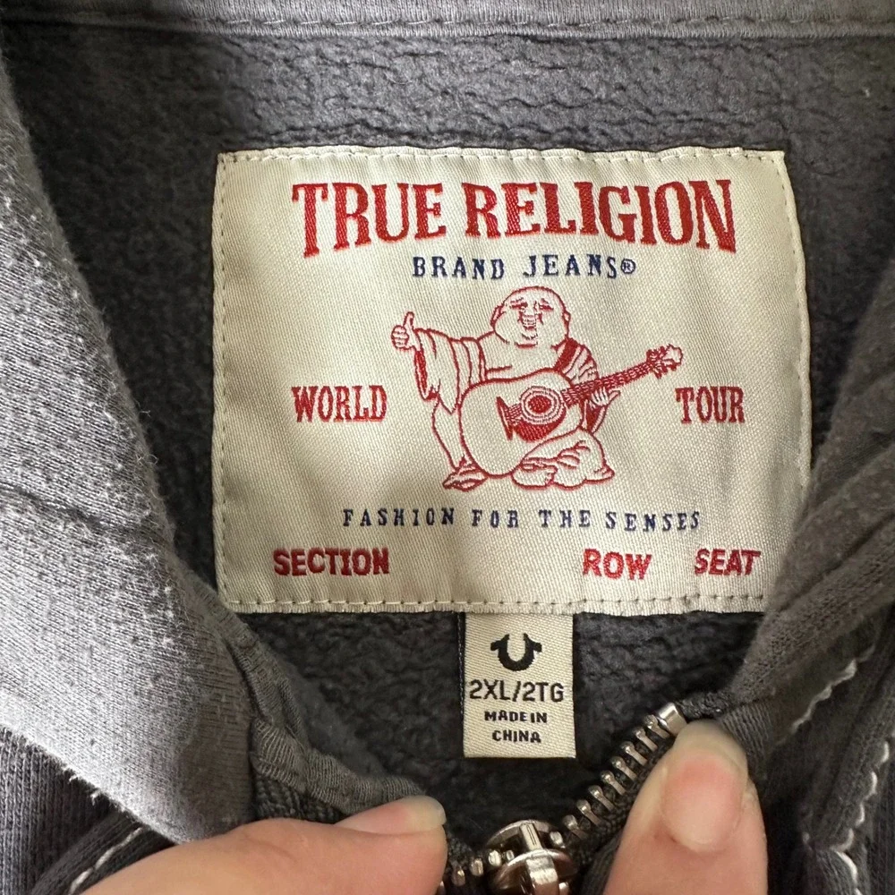 True Religion Mens Charcoal Gray Big T Stitch Buddha World Tour Zip Hoodie 2XL